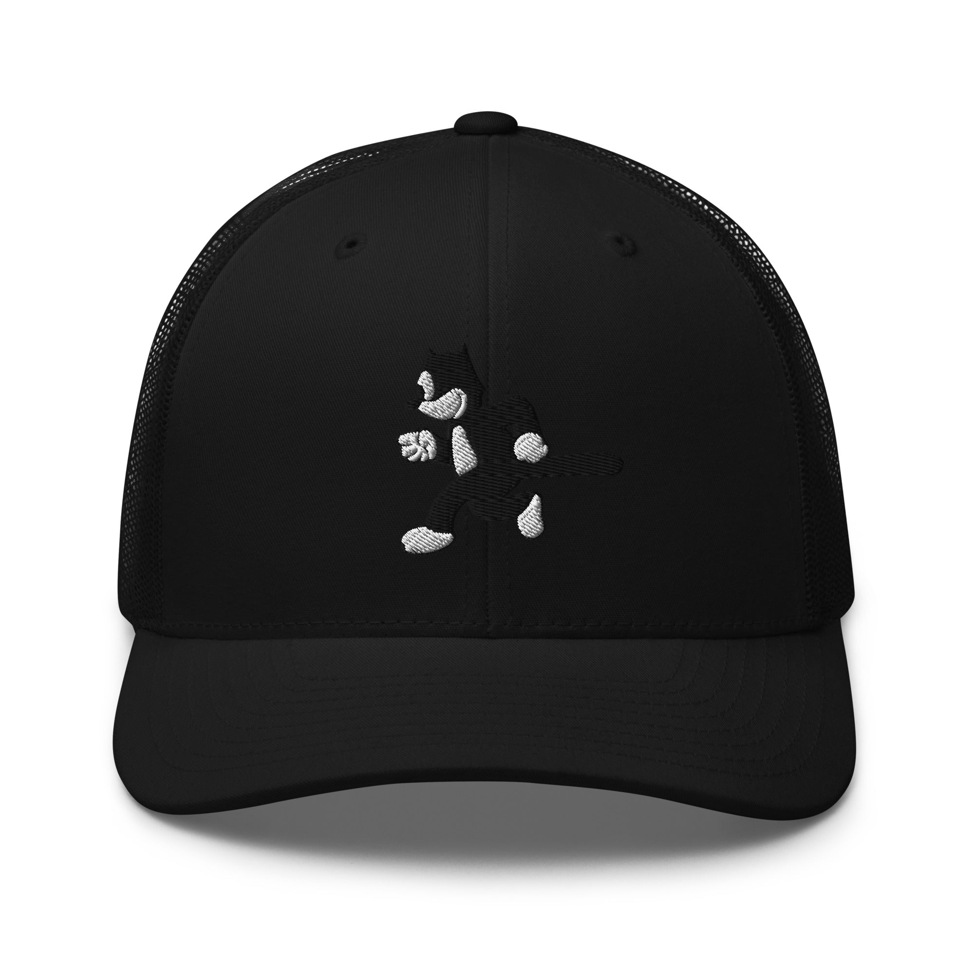 Black trucker hat featuring a 1925 Julius the Cat design from Disney’s early animation era