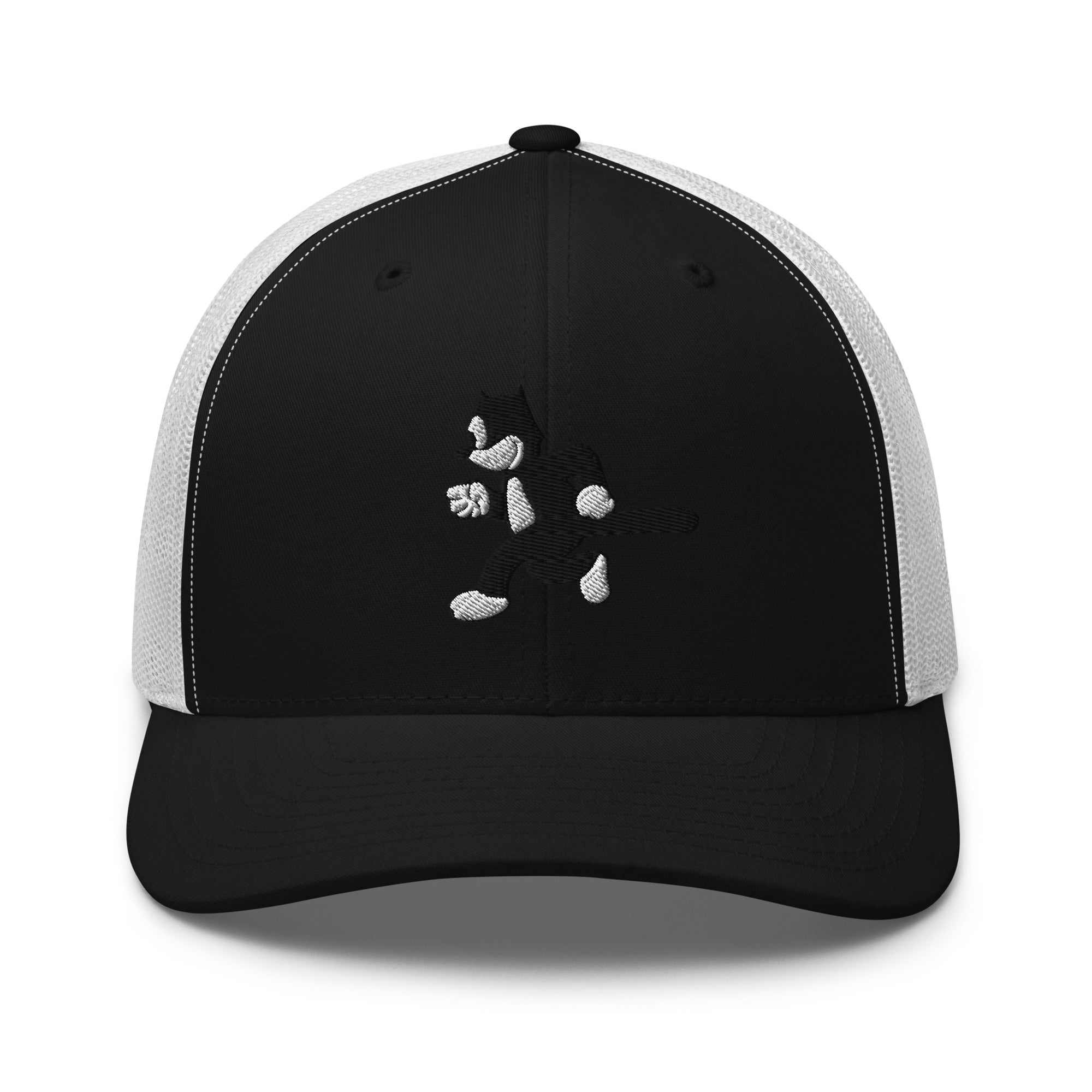 Black and white trucker hat featuring a 1925 Julius the Cat design from Disney’s early animation era