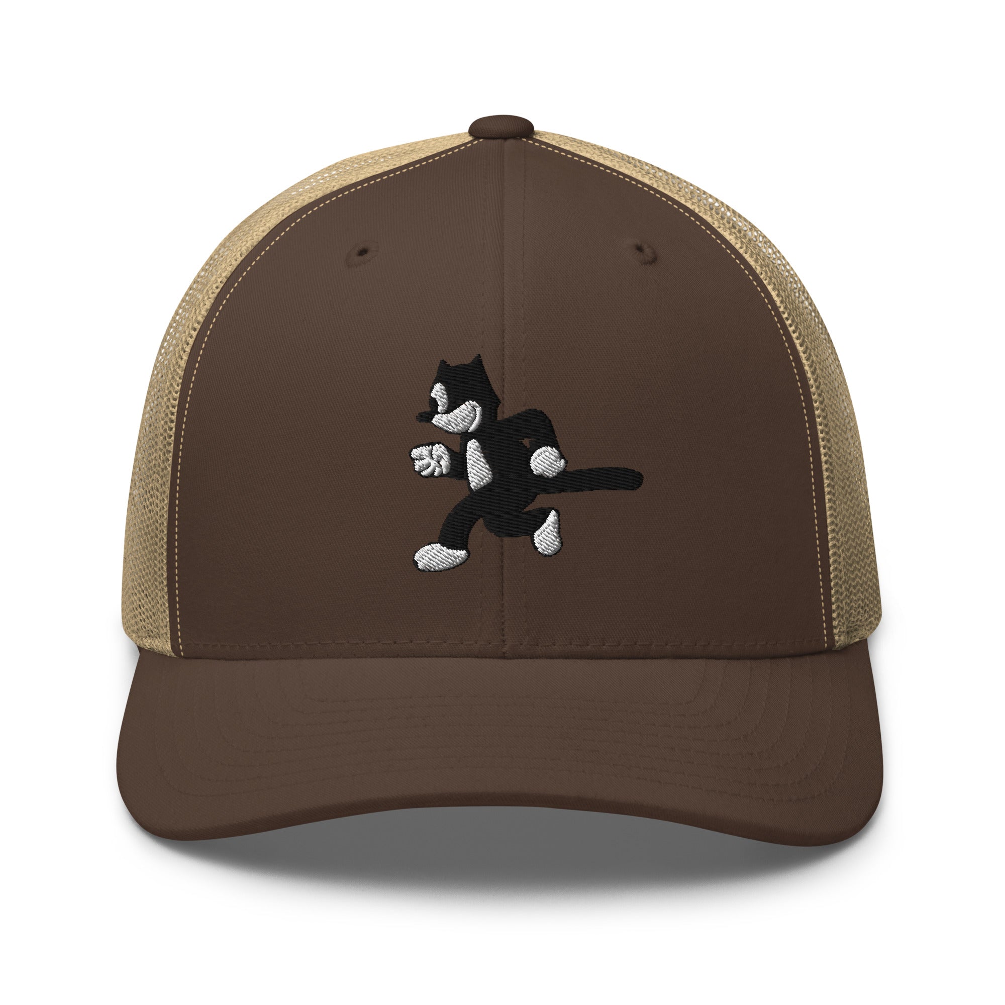 Brown trucker hat featuring a 1925 Julius the Cat design from Disney’s early animation era