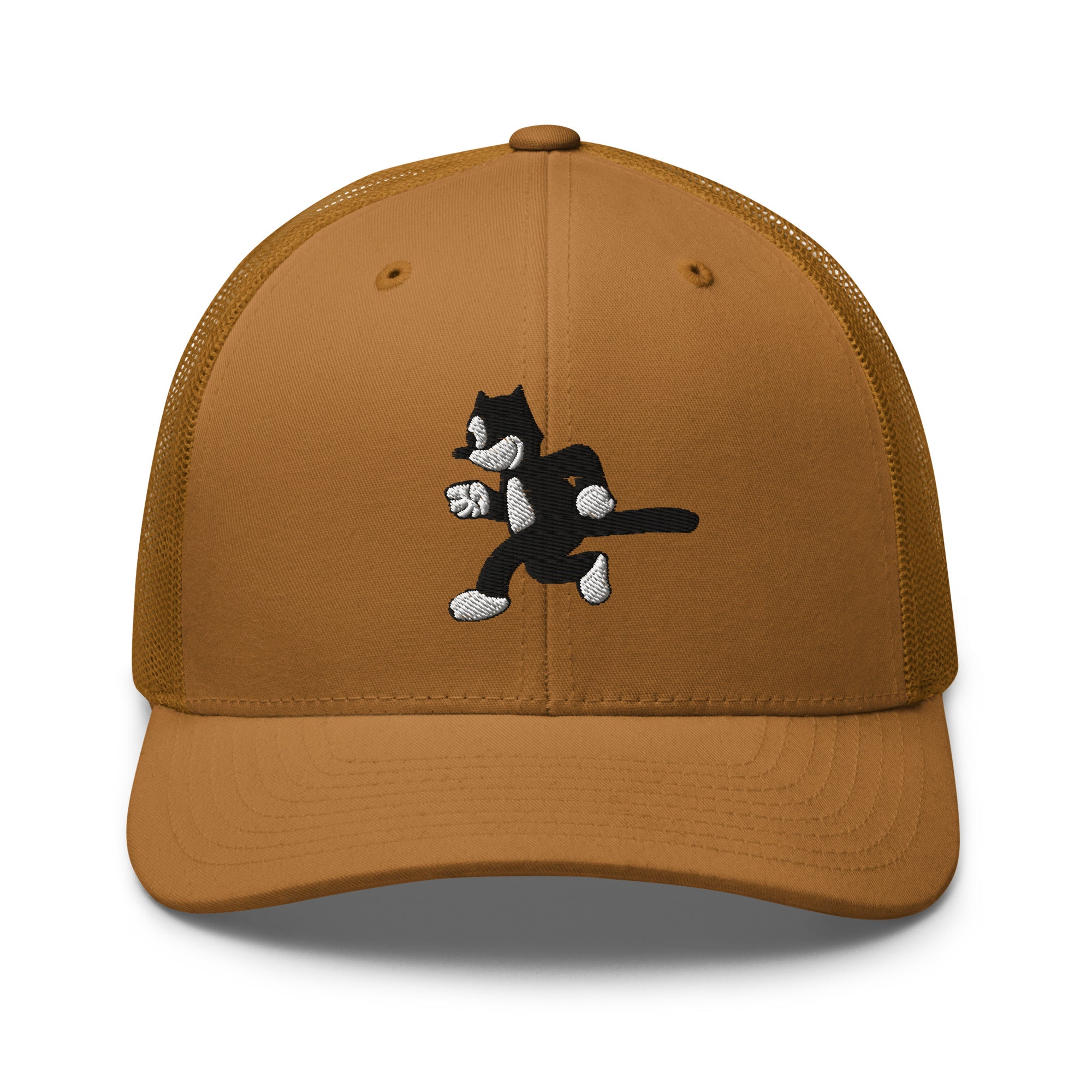 Caramel trucker hat featuring a 1925 Julius the Cat design from Disney’s early animation era