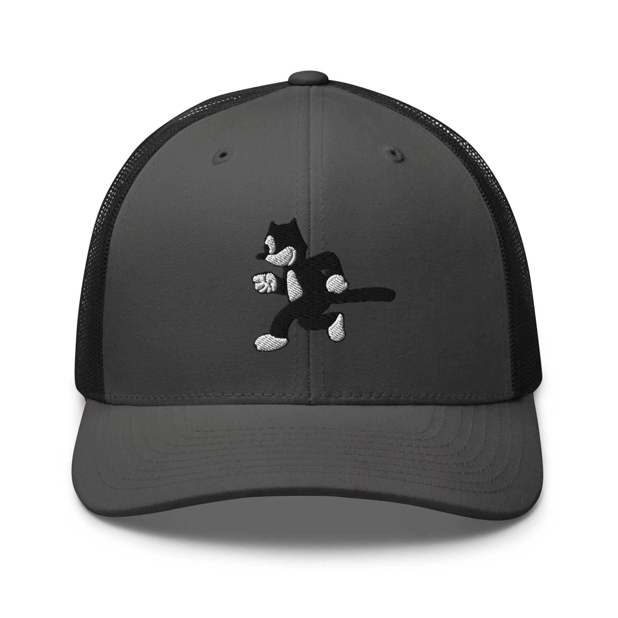 Charcoal and black trucker hat featuring a 1925 Julius the Cat design from Disney’s early animation era