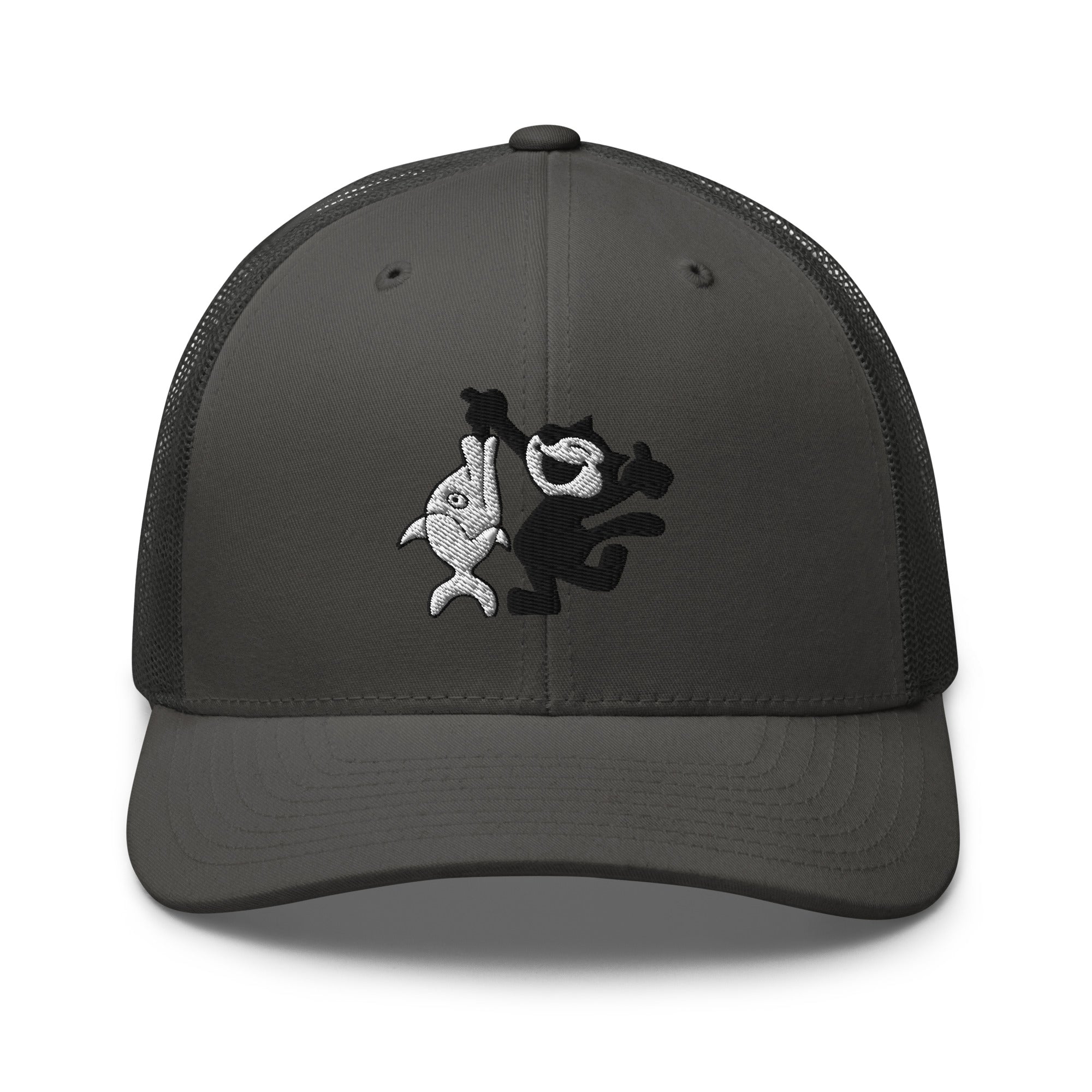 Charcoal trucker hat featuring a 1920 Felix the Cat design with a fish from Disney’s early animation era