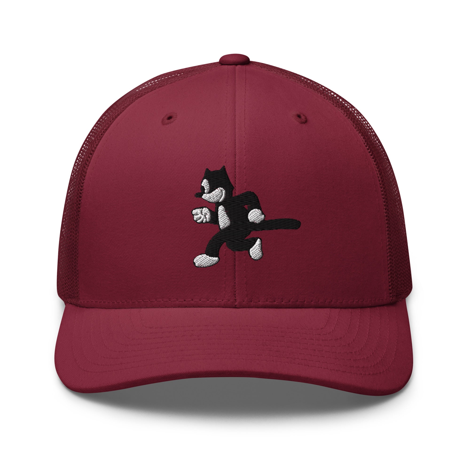 Cranberry trucker hat featuring a 1925 Julius the Cat design from Disney’s early animation era