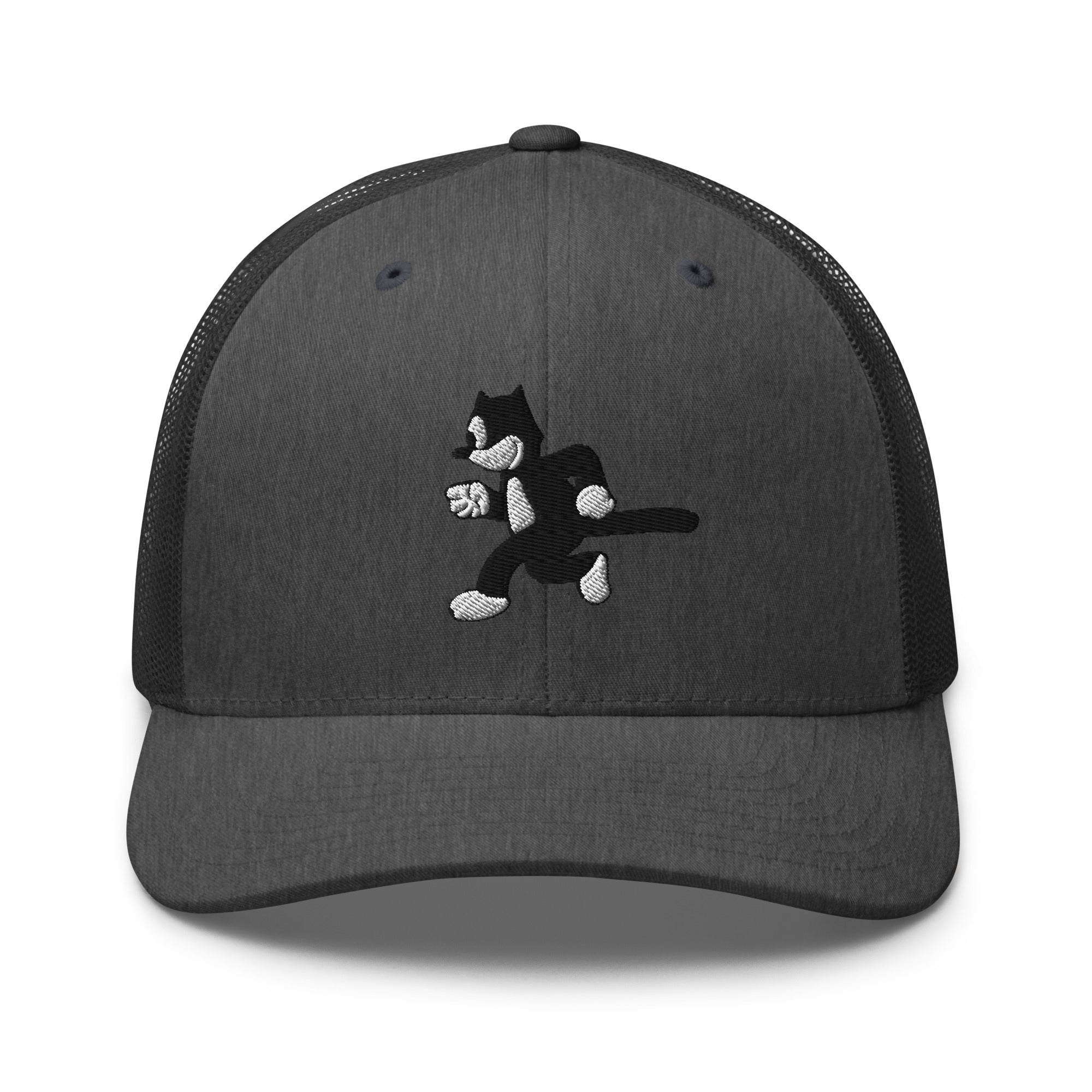 Dark grey trucker hat featuring a 1925 Julius the Cat design from Disney’s early animation era