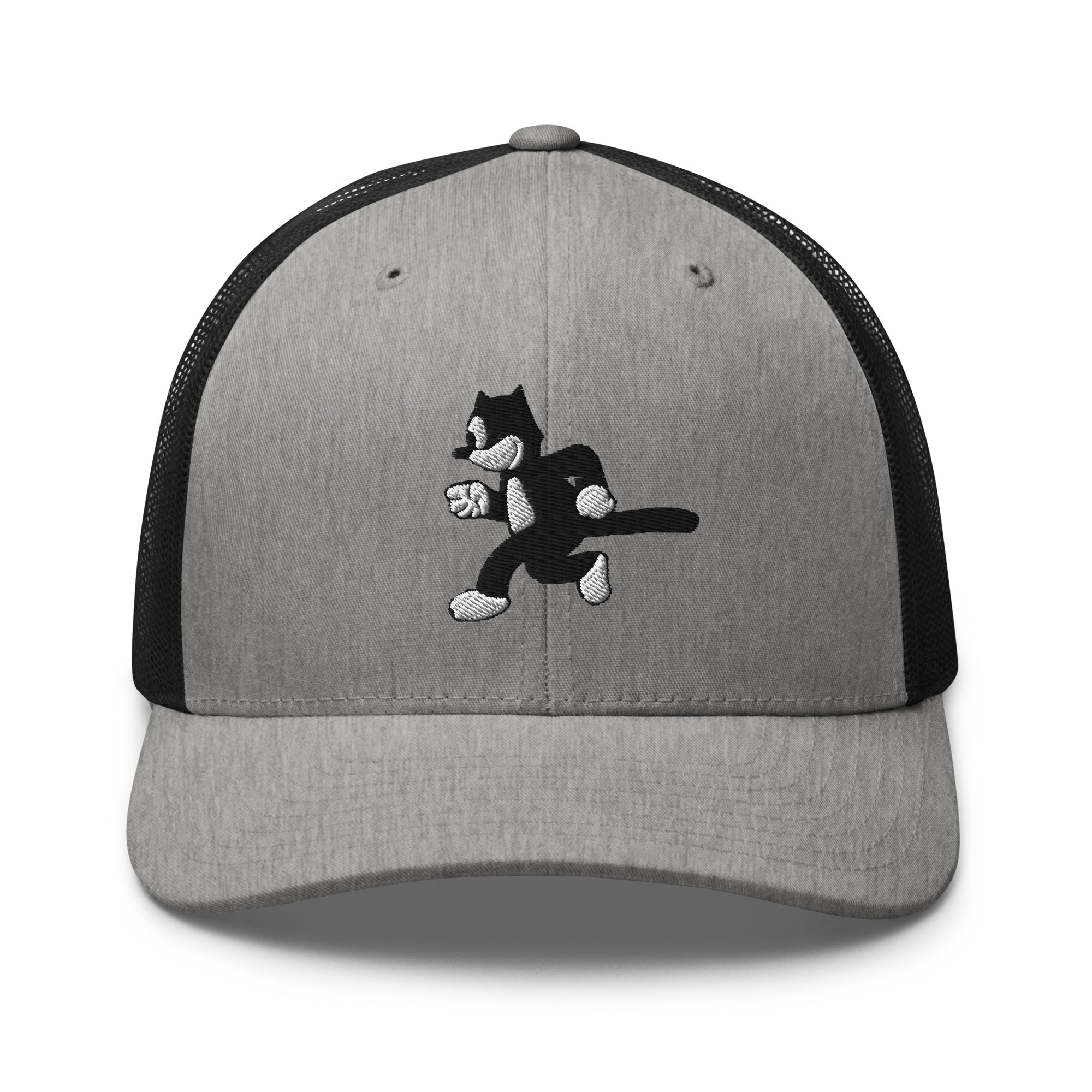 Heather black trucker hat featuring a 1925 Julius the Cat design from Disney’s early animation era