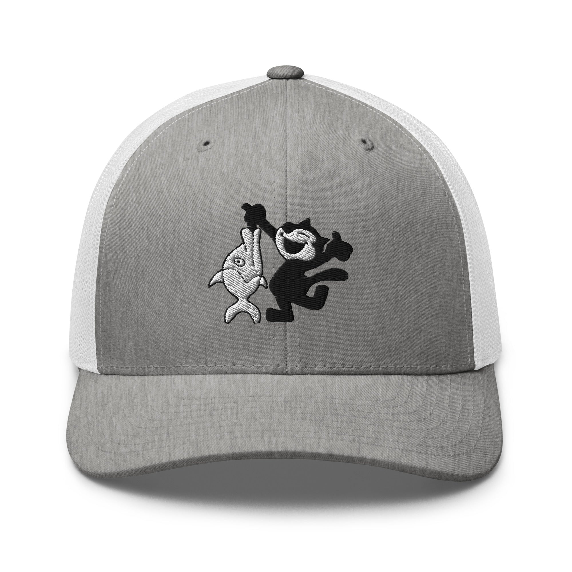 Heather grey trucker hat featuring a 1920 Felix the Cat design with a fish from Disney’s early animation era