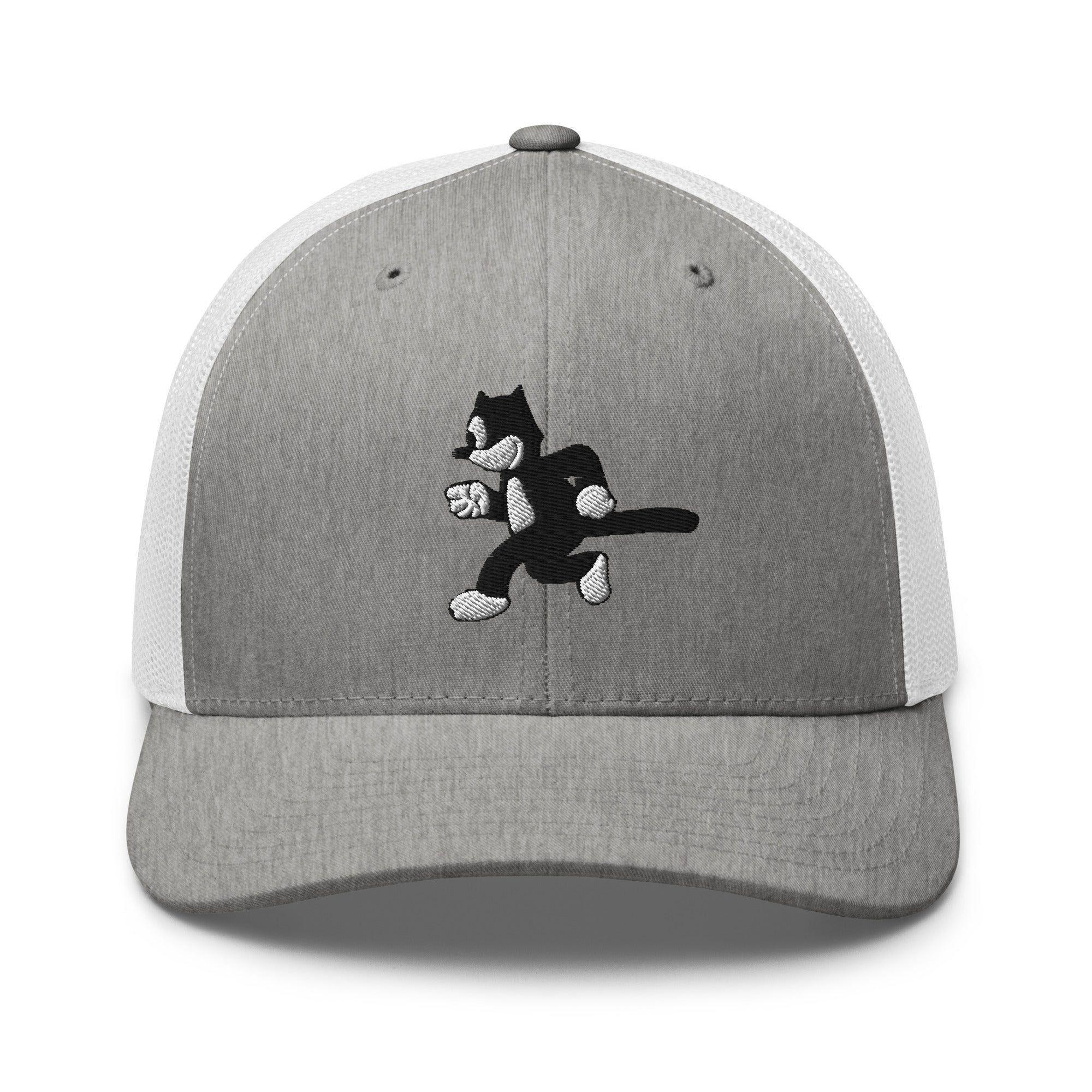Heather grey trucker hat featuring a 1925 Julius the Cat design from Disney’s early animation era