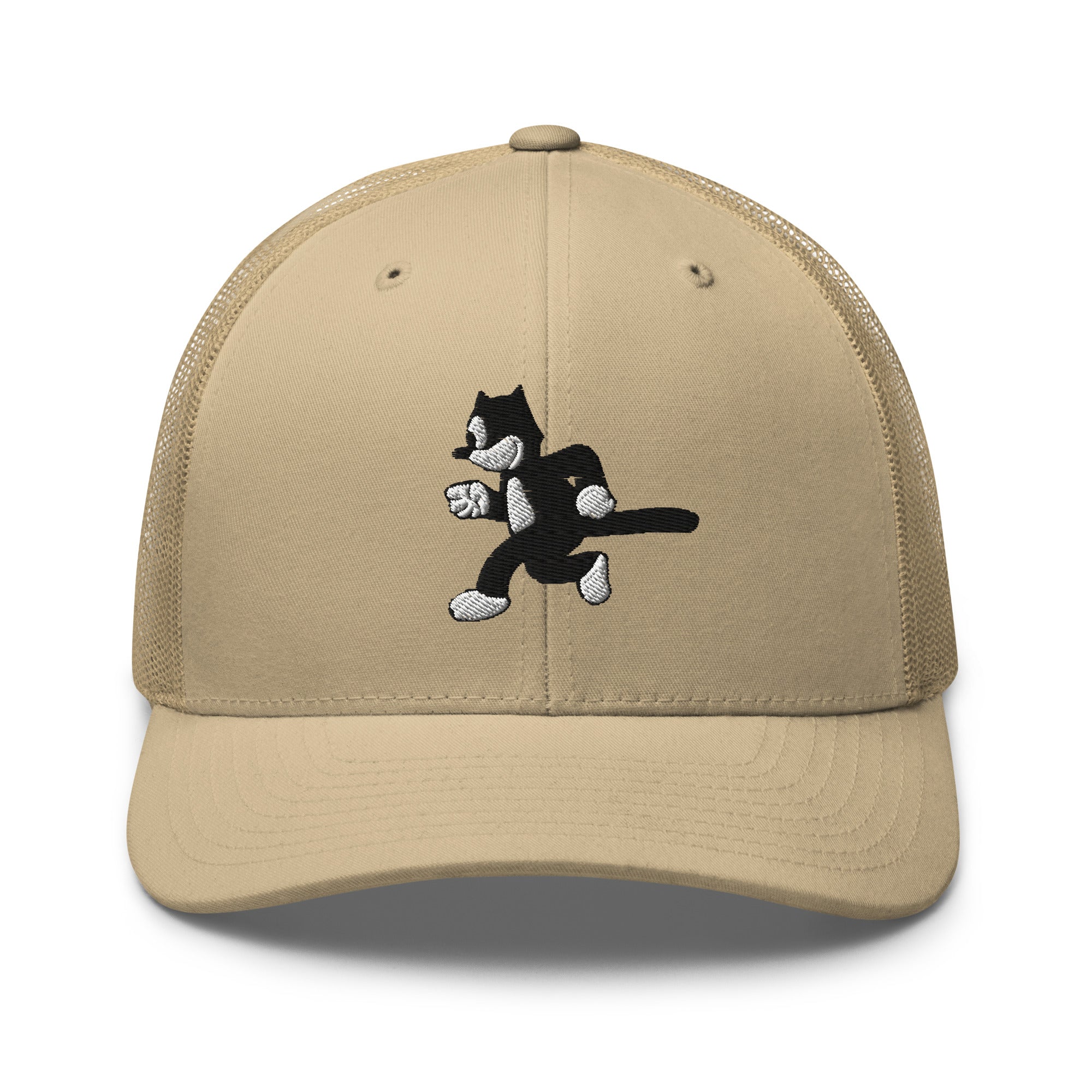 Khaki trucker hat featuring a 1925 Julius the Cat design from Disney’s early animation era