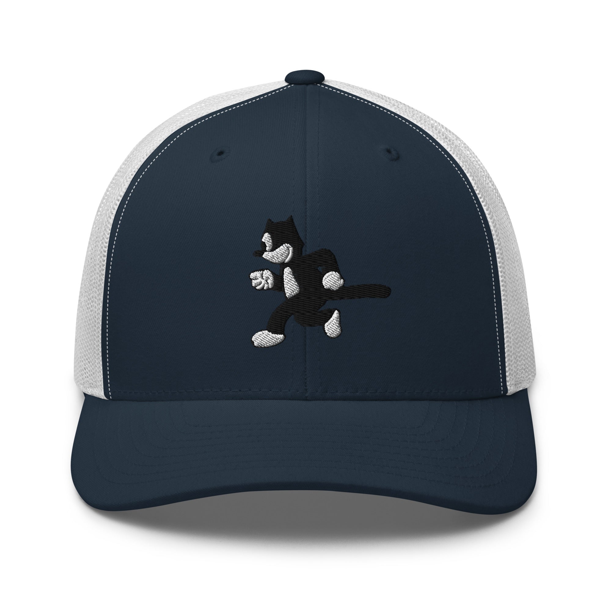 Navy and white trucker hat featuring a 1925 Julius the Cat design from Disney’s early animation era