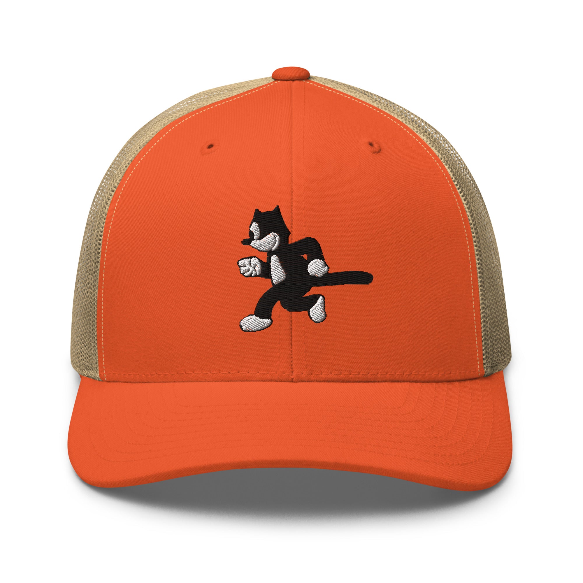 Orange trucker hat featuring a 1925 Julius the Cat design from Disney’s early animation era