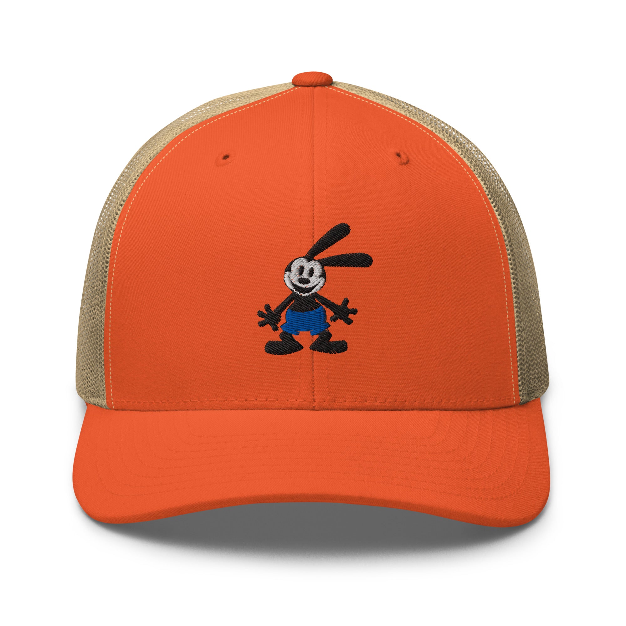 Orange retro trucker hat featuring a 1928 Oswald design from Disney’s early animation era