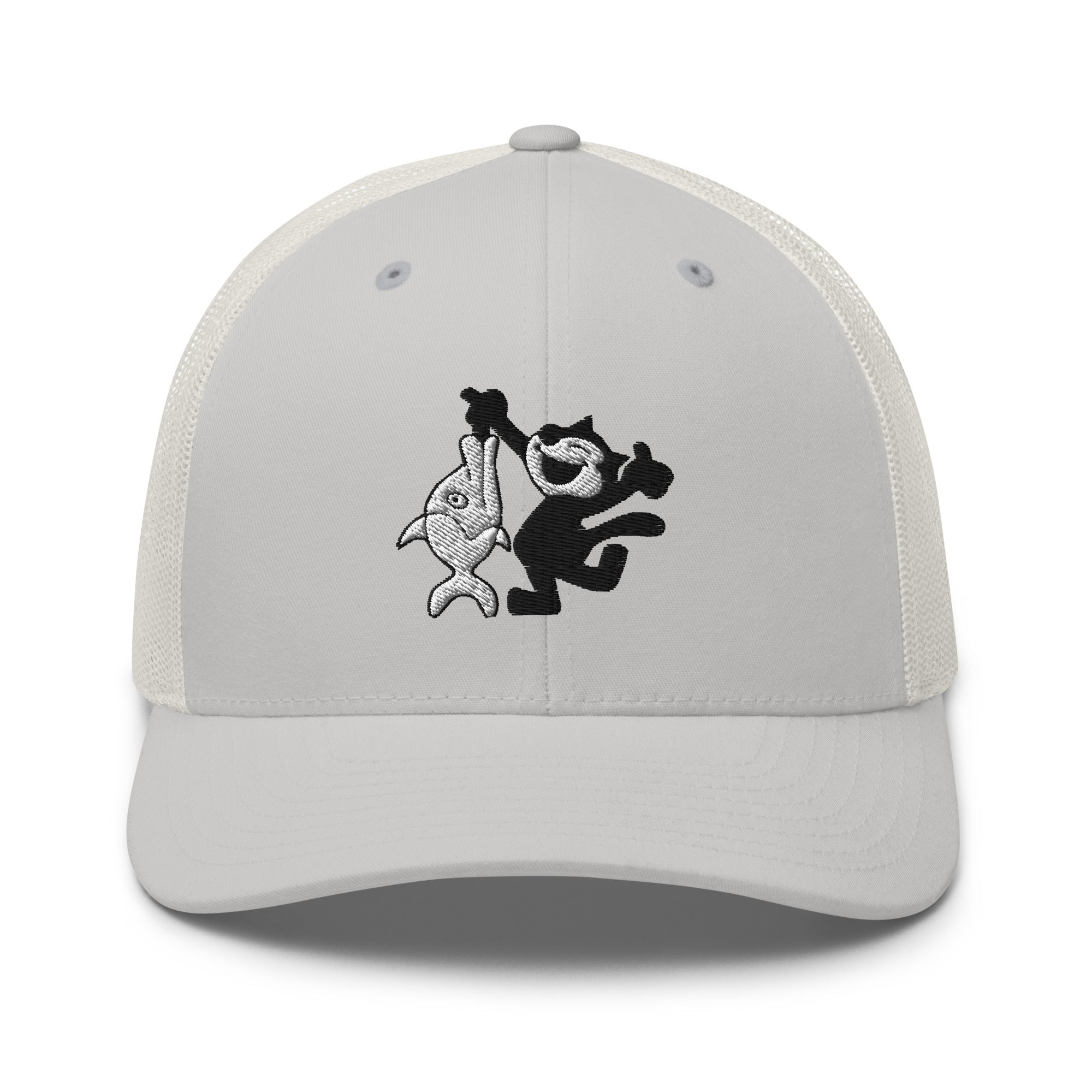 Silver trucker hat featuring a 1920 Felix the Cat design with a fish from Disney’s early animation era