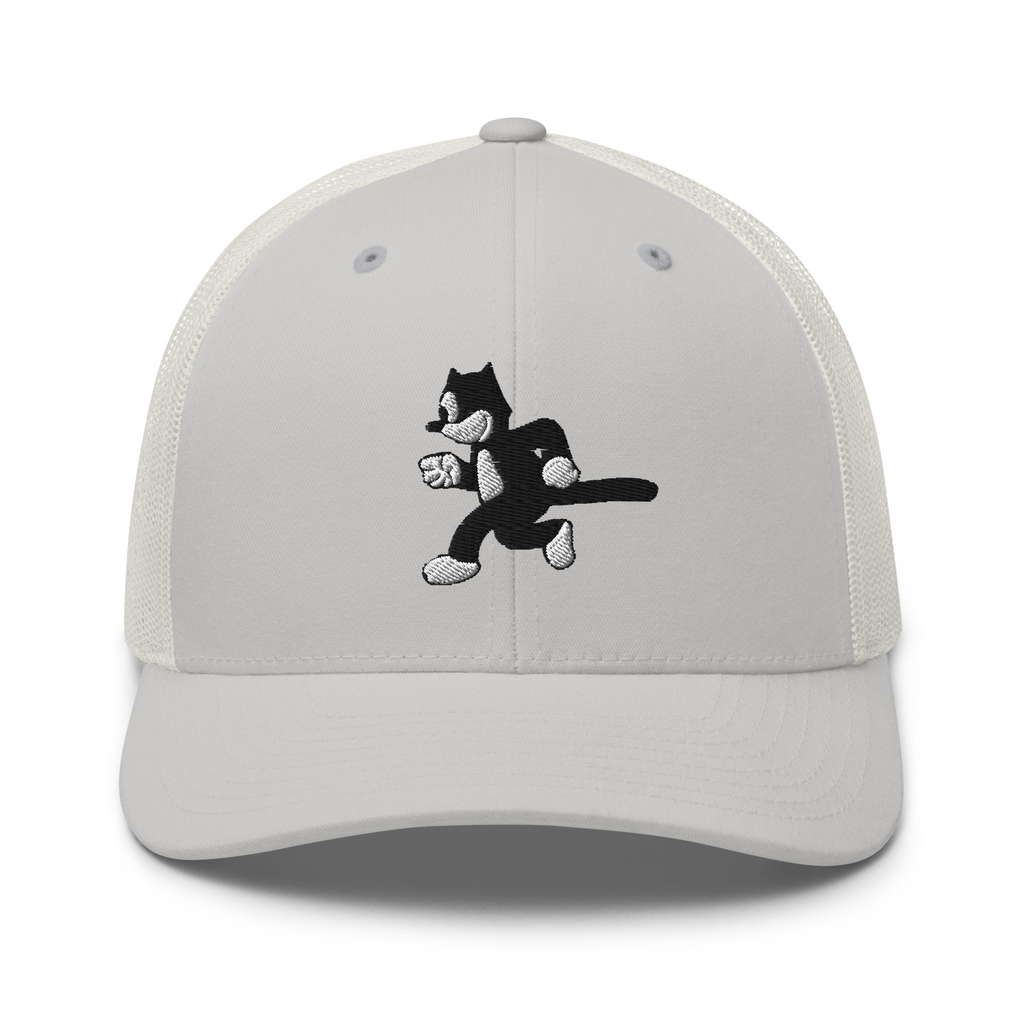 Silver trucker hat featuring a 1925 Julius the Cat design from Disney’s early animation era