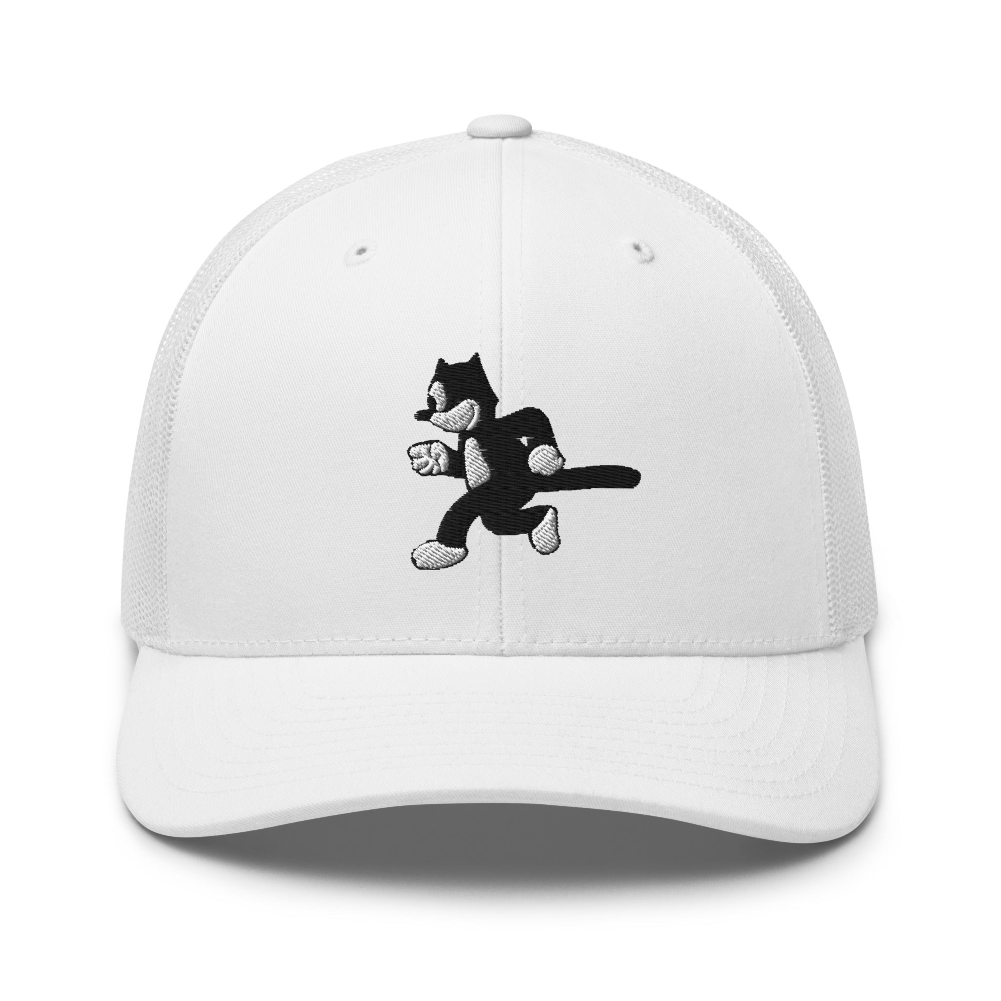 White trucker hat featuring a 1925 Julius the Cat design from Disney’s early animation era