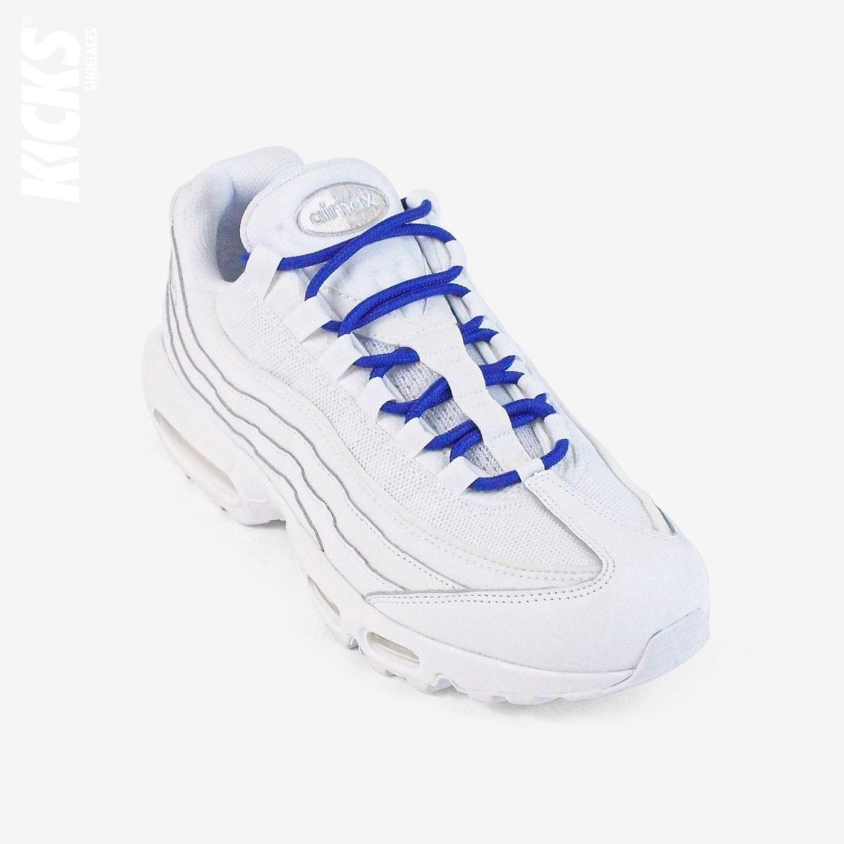 Royal blue round shoestrings on white sneakers by Kicks Shoelaces