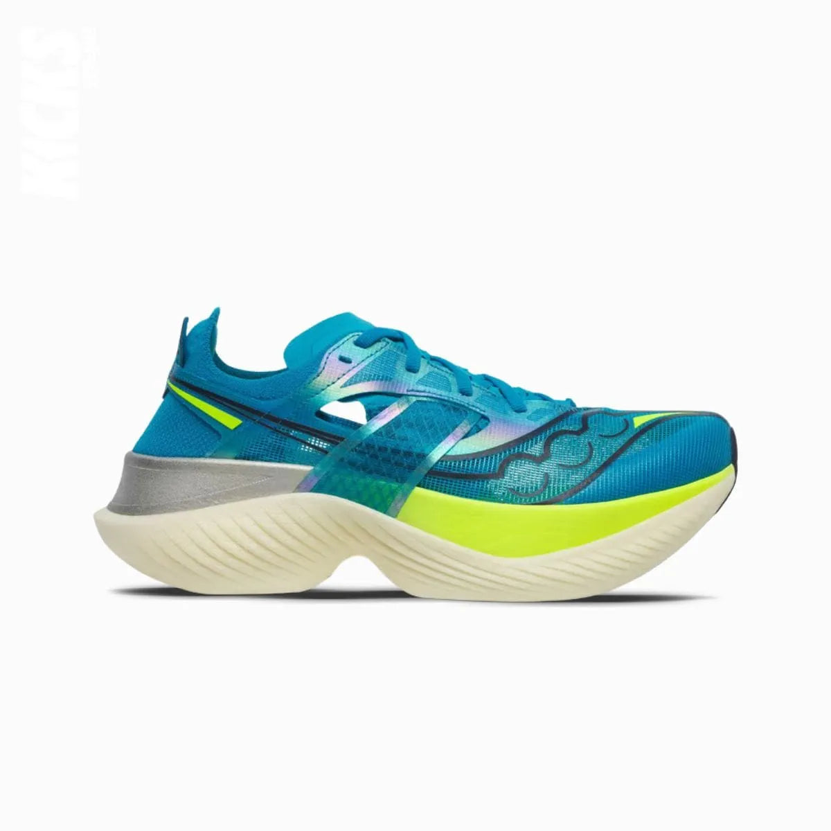 Saucony Endorphin Elite running shoes with blue and yellow accents and sky blue replacement laces by Kicks Shoelaces.