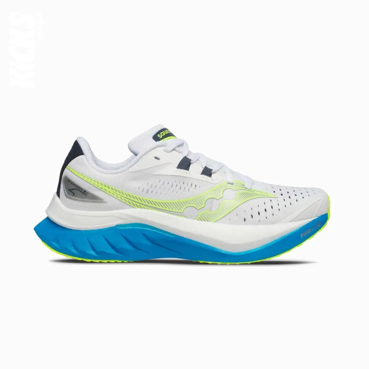 White Saucony Endorphin Speed 4 replacement shoe laces with blue and green accents by Kicks Shoelaces.