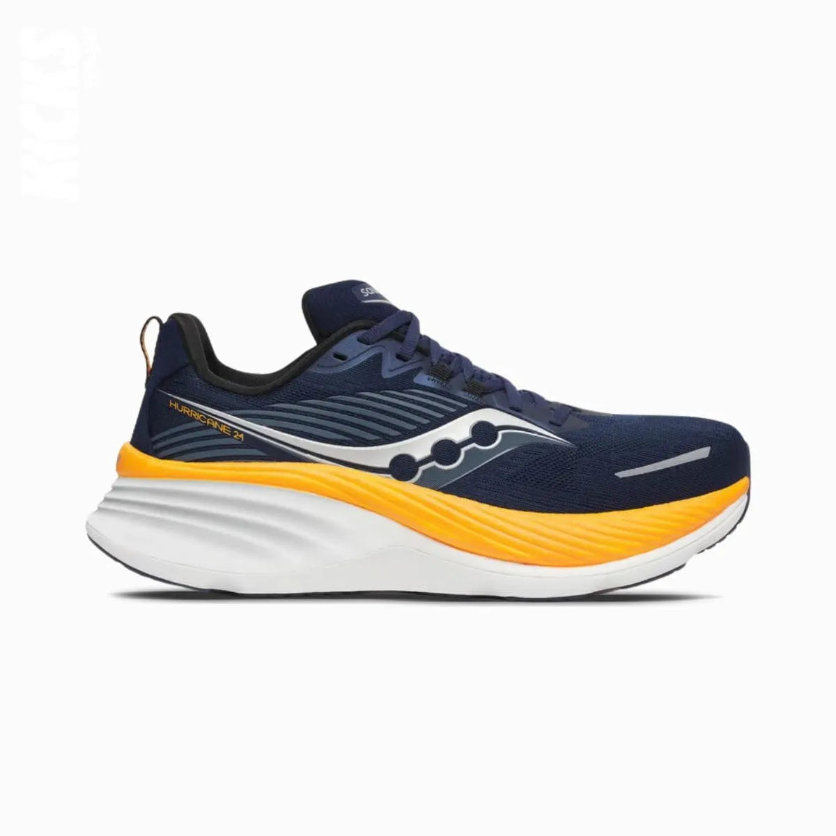 A pair of Saucony Hurricane 24 replacement shoe laces in navy and gold colors, designed for running shoes by Kicks Shoelaces.