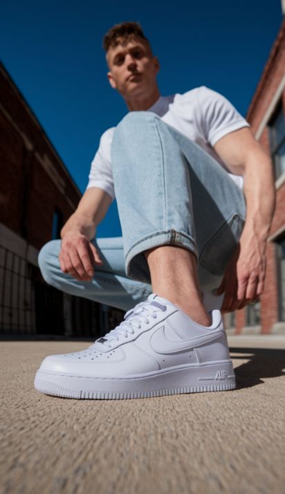 Person wearing white Nike sneakers and light blue jeans sitting outdoors on a sunny day.