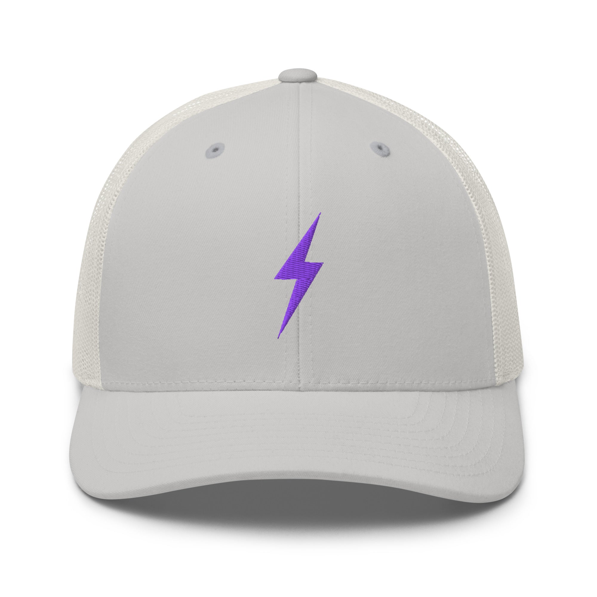 Silver and white trucker hat with a purple lightning bolt design on front panel