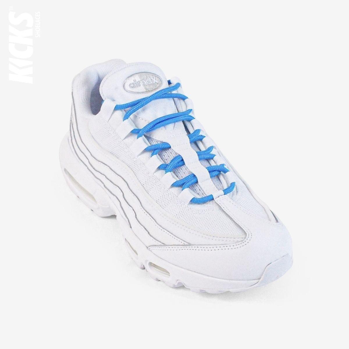 Sky blue round shoestrings on white sneakers by Kicks Shoelaces