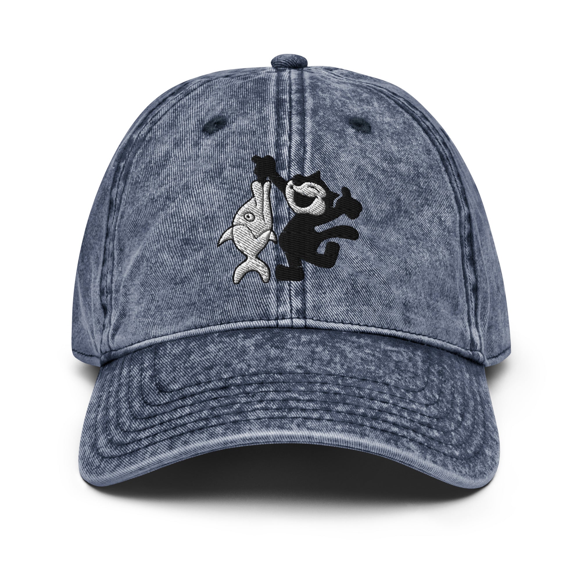 Navy vintage baseball cap featuring a 1920 Felix the Cat design with a fish from Disney’s early animation era