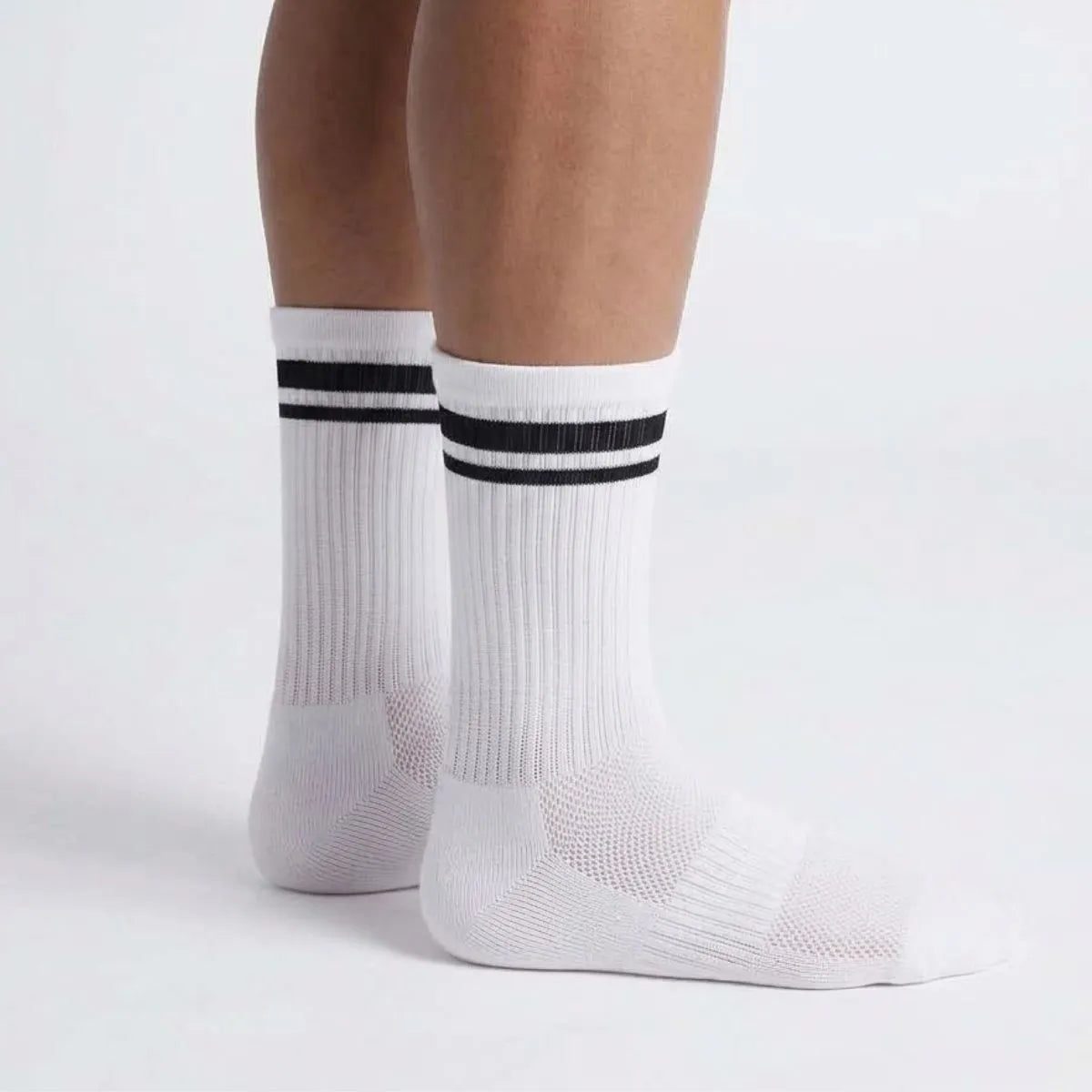 White athletic crew socks with breathable mesh and cushioning by Kicks Shoelaces