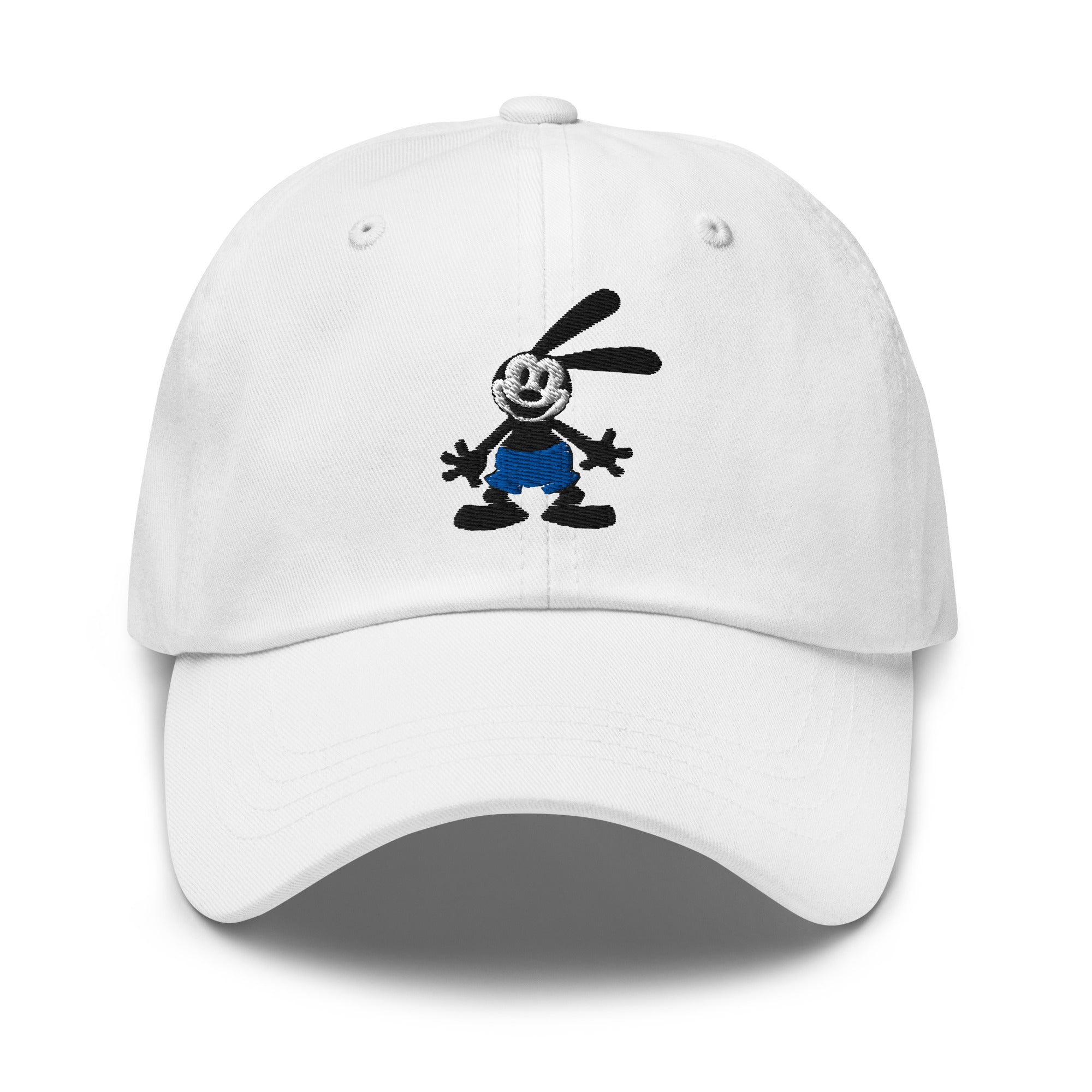 White dad hat featuring a 1928 Oswald design from Disney’s early animation era