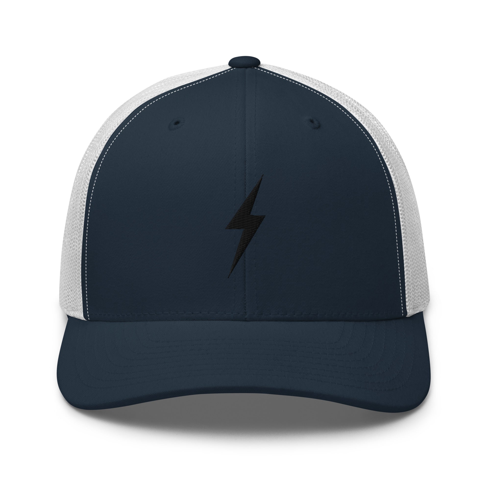 White and navy trucker hat with a black lightning bolt design on front panel
