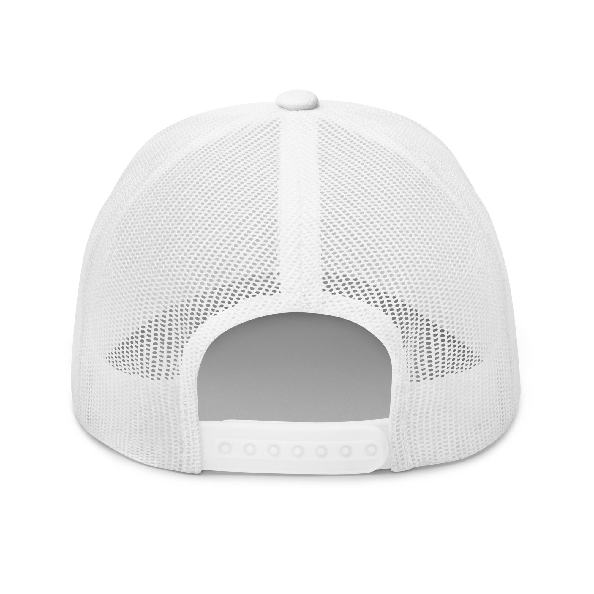 Rear view of white truckers cap with black star, adjustable snapback closure